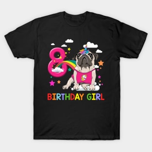 Pug Birthday - 8 Years Old Unicorn Pugicorn Party T-Shirt